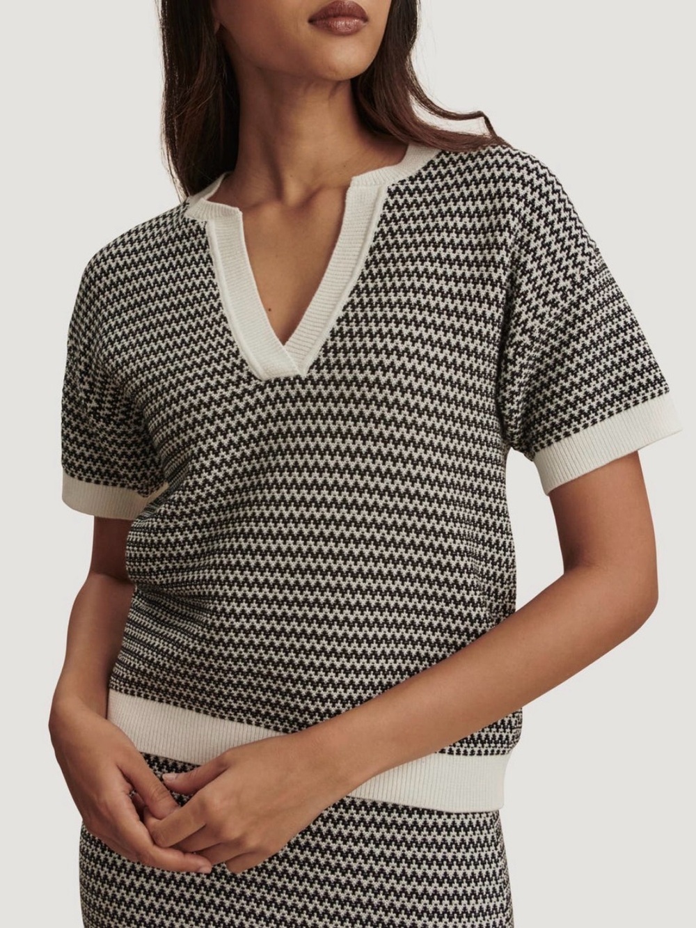Varley Dora Short Sleeve Cotton Sweater Black White Size Large